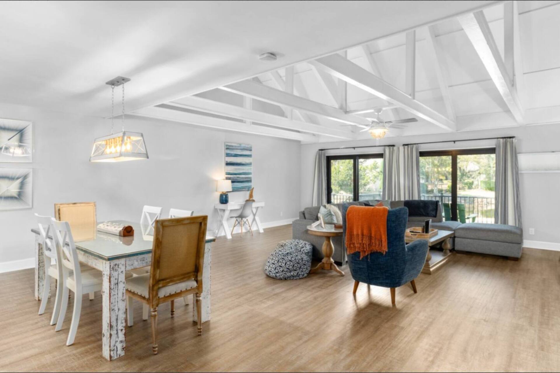 Dining table for six beside the windows